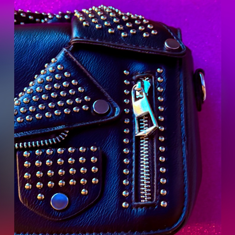Motorcycle Jacket Inspired Studded Black Leather Crossbody or Clutch Bag NWWT - Picture 7 of 16